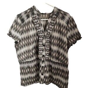 Womens Blouse EAST 5th Size XL Shirt Brown Short Sleeve Ruffle Button Vneck